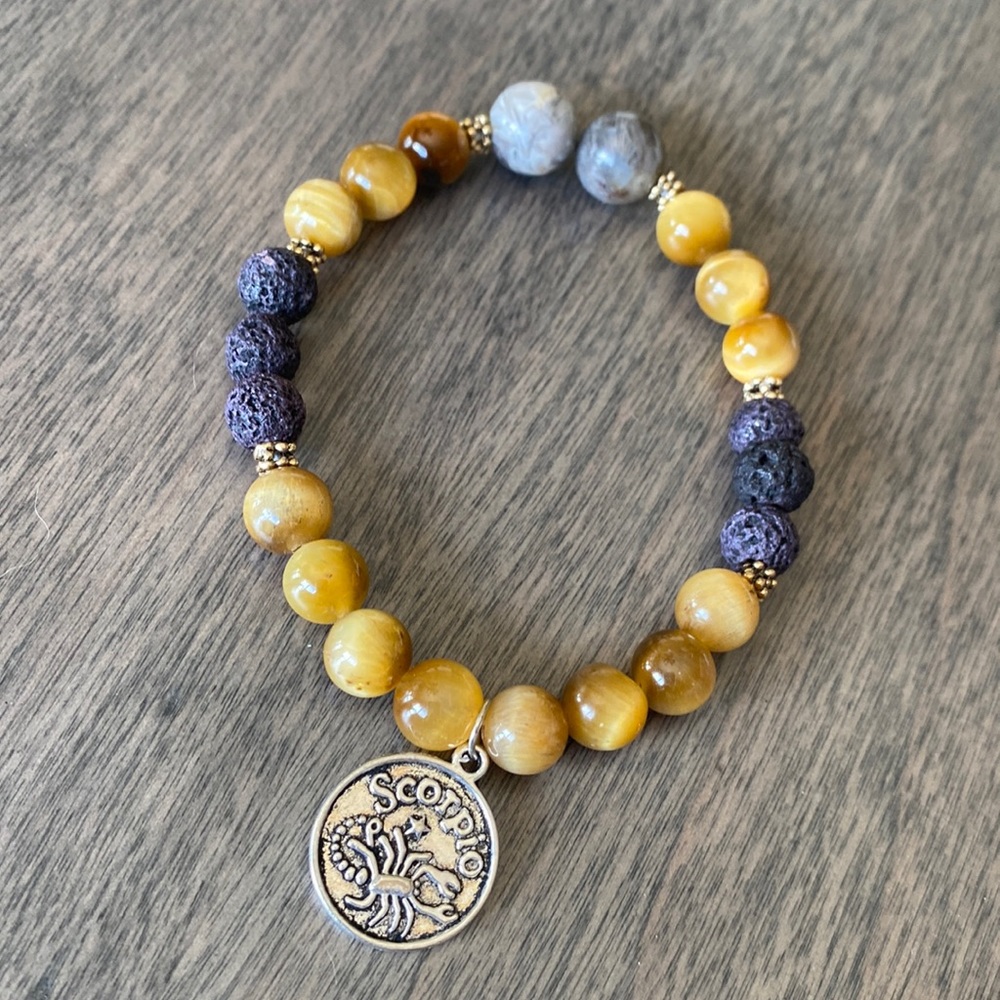 Gold tiger eye lava rock and bamboo agate bracelet